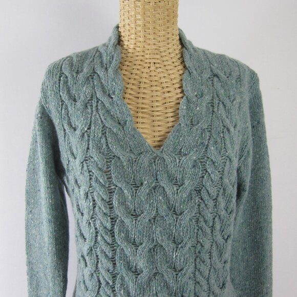 Irelands Eye Womens L Teal Blue Green Wool Cashmere V Neck Cable Knit Sweater - Picture 6 of 10